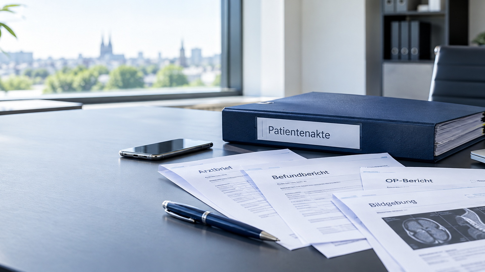 Patientenunterlagen auf dem Schreibtisch einer Anwaltskanzlei